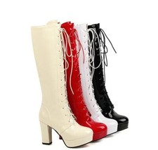 Women's Platform Mid-calf Boots High Block Heel Lace Up Knight Shoes Larger size