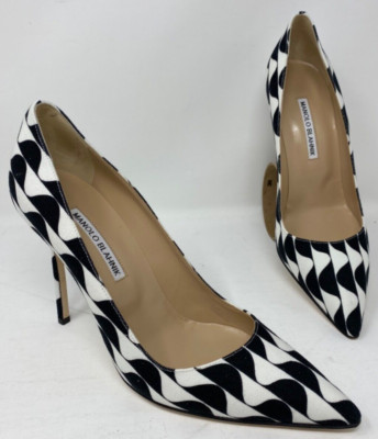 Manolo Blahnik BB 105 Pointy Toe Pump Black White Canvas Print Size 11 41 EU