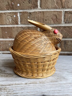 Vintage BUNNY RABBIT BASKET With Lid  Red Button Eyes Bamboo Ears Marshall 1980s