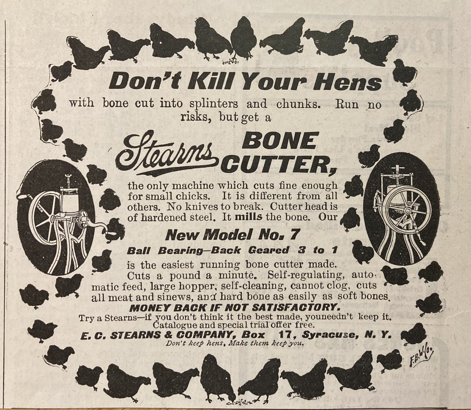 1903 AD.(XH63)E.C. STEARNS CO. SYRACUSE, NY. STEARNS POULTRY BONE