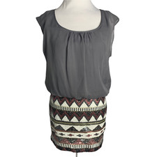 Vintage Y2K Sleeveless Sequin Mini Dress Womens XS Gray Chiffon Elastic Waist