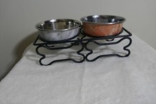 Dog Food  Water Stand w/ Bowls, Black Metal w/ Bone Design, Small