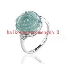 Certified Natural Burma Grade A Green Jade jadeite Women Rose 925Silver Ring