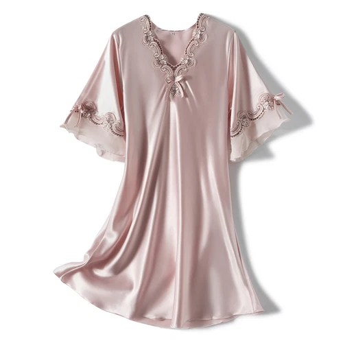 Damen Satin Nachthemd Sommer Luxus Weich Spitze Kurzarm V-Ausschnitt Schlafshirt - Bild 8 von 32