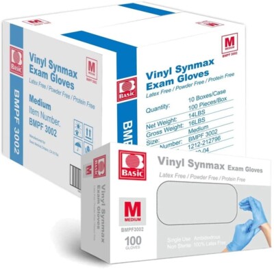 Basic Medical Synmax Vinyl Exam Gloves - Latex and Powder Free Size M 100-2000
