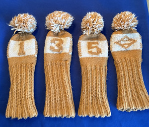Vintage Golf Club Head Covers (4) Pom Pom Tan/Orange Acrylic Knit Retro