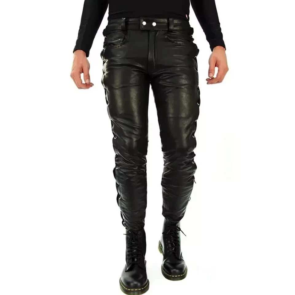 Men's Side Lace Up Real Leather Pant Black Five Pockets Trouser Biker Pant