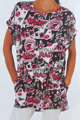 Seidel Shirt Kurzarm Longshirt Tunika Rundhals Viskose Comic pink schwarz weiß - Bild 1 von 2