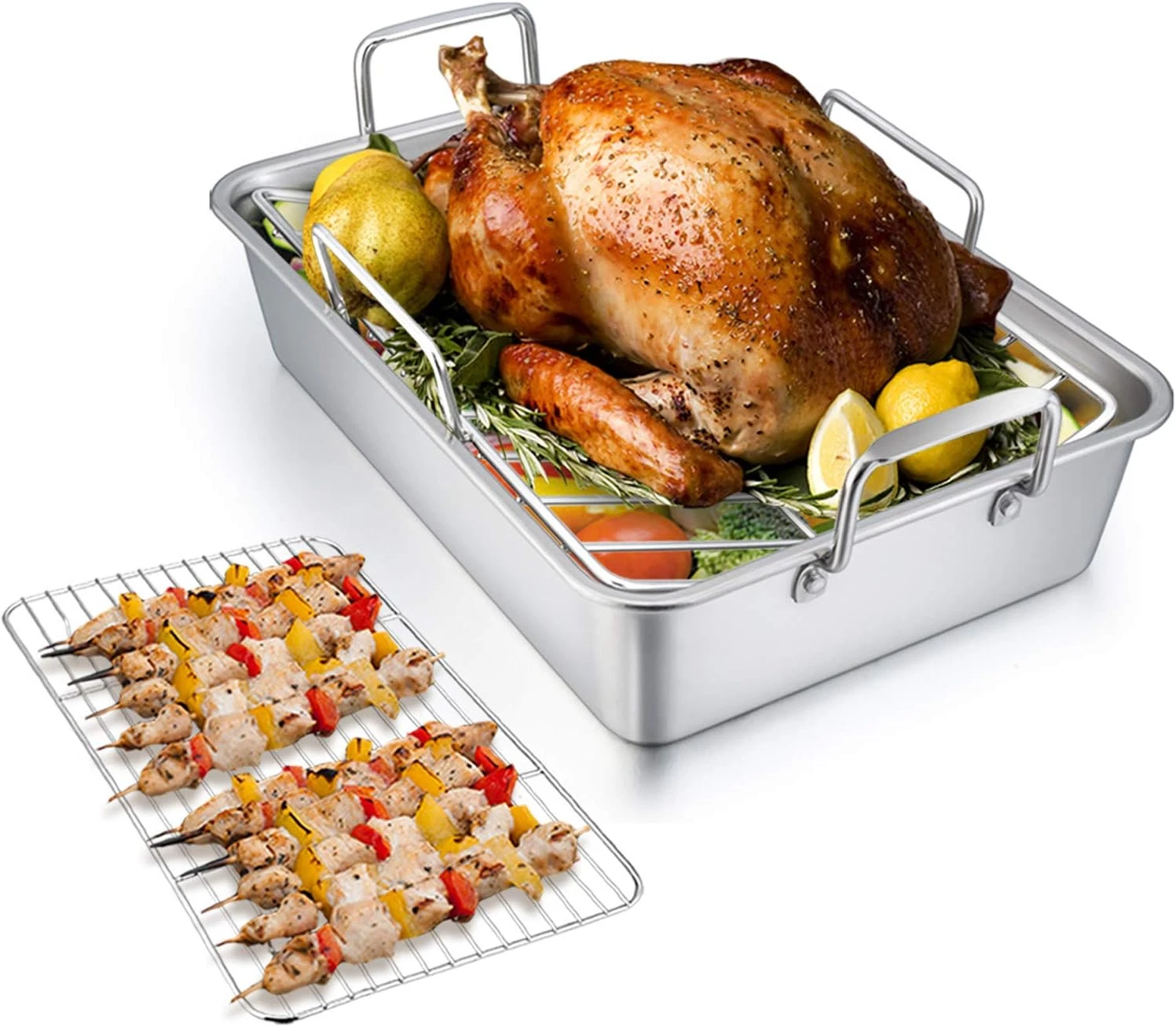 Roasting Pan with Rack, 14 Inch Stainless Steel Turkey Roaster Lasagna Pan with