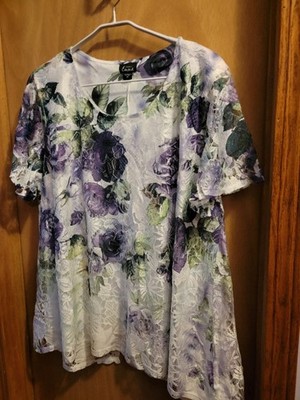 Blouse/Tunic, ShortSleeve, Whitew/PurpleFlowers on Lace Over Top, Simply Emma 3x