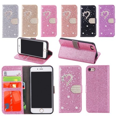 Bling Glitter Diamond Heart Leather Wallet Case Cover for iPhone 17 16 15 14 13