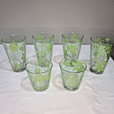 6 VINTAGE CERVE ON THE ROCKS HIGH/LOW BALL BARWARE GLASSES GREEN FLORAL ITALY