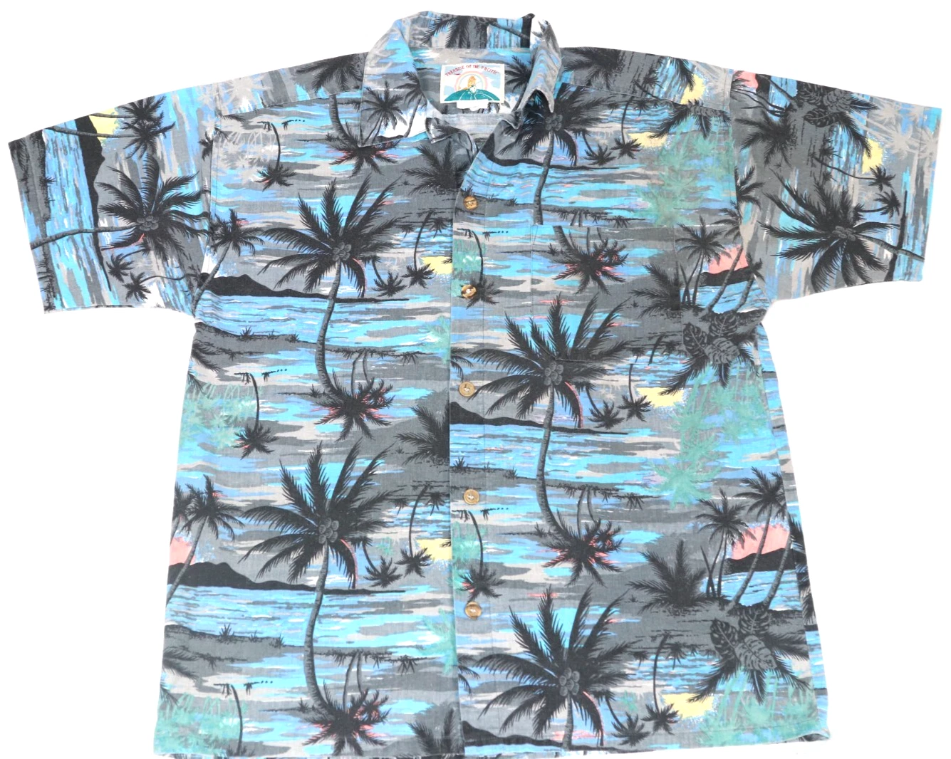 Vintage Paradise Hawaiian Shirt Sz L Blue USA Made Camp Sunset Palm Tree Ocean