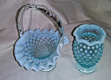 Vtg 6.5 Fenton Glass Hobnail Ruffled Opalescent Blue Basket 3.5" Vase
