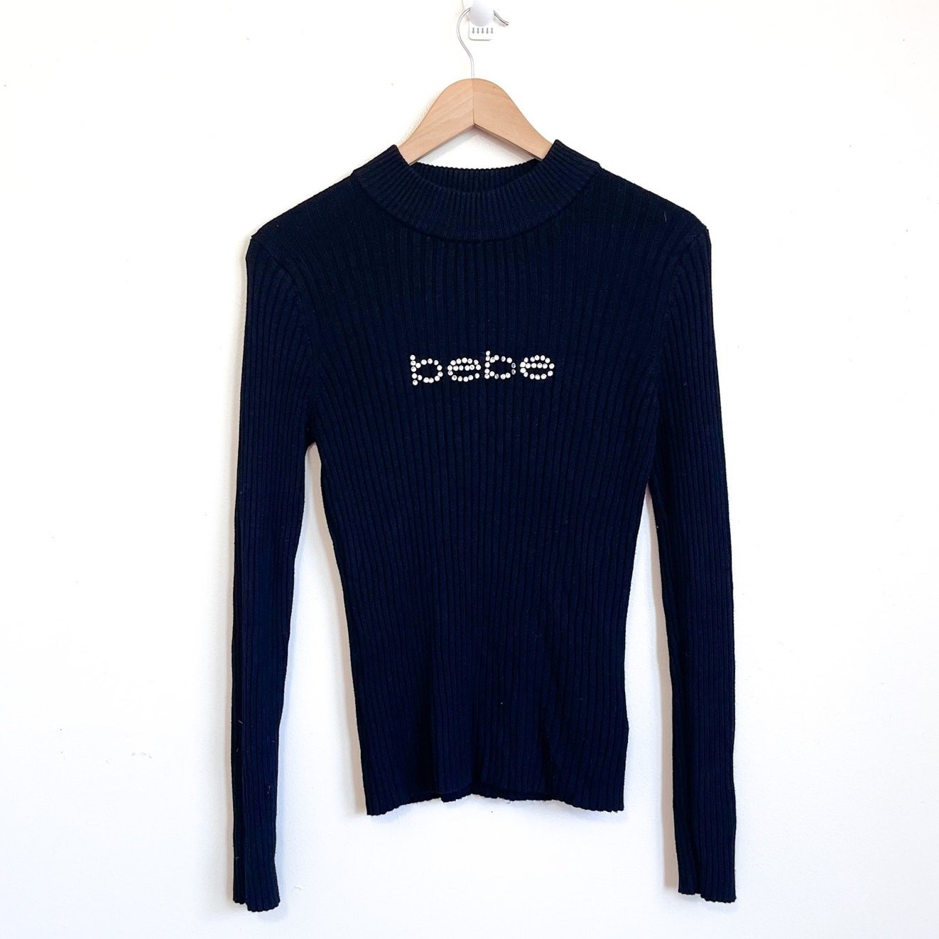 Vintage Y2K Bebe Womens Sweater Size L Black Rhinestone Bling Stretch Fitted