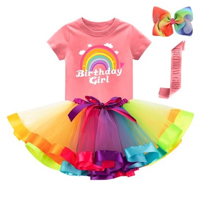 K-Acc Rainbow Birthday Girl Outfit   Shirt, Tutu Skirt, Hair Bow, Satin Sash  