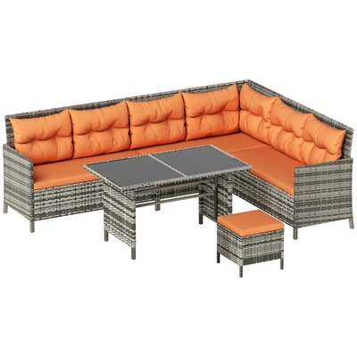 Corner Sofa Set 6pc Set Orange PE Rattan Metal Frame Cream Cushions 118x62x82cm - Image 1 of 4