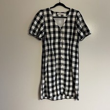 LOFT Women 4 Black White Gingham Linen Blend Puff Sleeve Button V-Neck Dress NWT