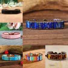 Natural Tube Gemstone Leather Braided Prayer Handmade Healing Warp Bracelet