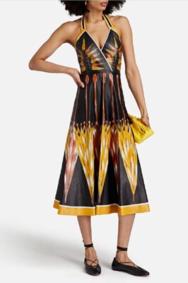 Valentino Lambskin Leather Umbrella Print Halter Cutout Midi Dress Italian  42 | eBay