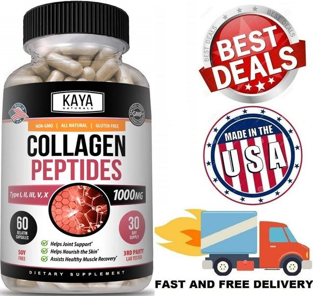 COLLAGEN PEPTIDES Types I, II, III, V, X 1000 mg Pills AntiAging 60