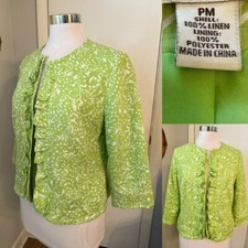 100 Linen Open front Blazer Green White print Jacket Ruffle front Petite M PM