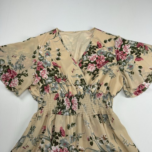 Tan Floral Maxi Dress Size XL Flutter Sleeve Boho V Neck Lightweight - Imagen 7 de 8