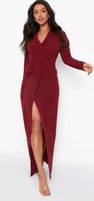 Boohoo Berry Pocket Detail Wrap Maxi Blazer Dress Size US 12 Long Sleeve Boho