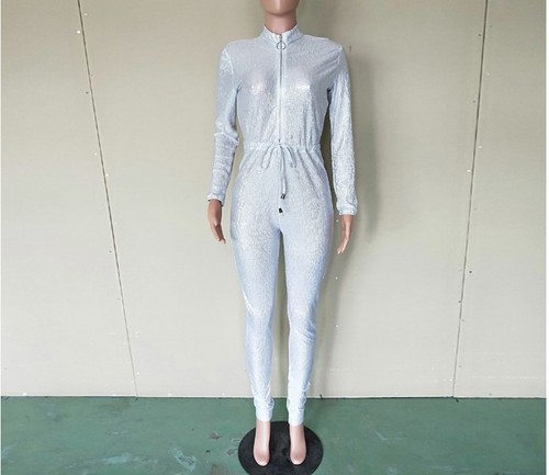 Women-Front-Zipper-Shinny-Long-Sleeve-High-Waist-Catsuit-Playsuit-Jumpsuit