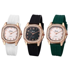 Women Girls Rectangle Cubic Zirconia Dial Watch Silicone Band Quartz Wrist Watch