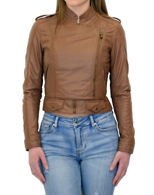 Giacca da Donna Chiodo Vera Pelle Marrone Cammello Slim Fit Moto