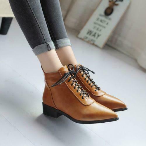 Womens pu Leather Pointy Toe Low Block Heel Lace up casual Ankle Boots - Bild 16 von 16