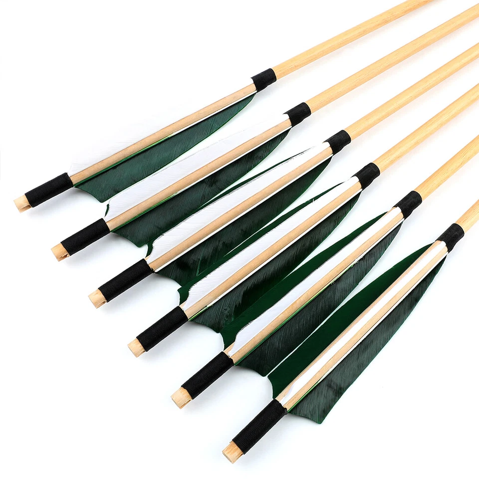 32" Archery Wooden Arrows Hunting Arrowheads 5" Feather Recurve Bow Longbow - Image 2 of 4