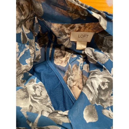 Corbata Ann Taylor LOFT Azul Rosas Negra Manga Corta Flutter Transparente Gauzy 4 S - Imagen 8 de 8