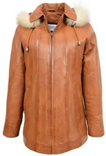 Ladies Leather Coat Detachable Hooded Classic Fit Zip Up Casual Style Tan