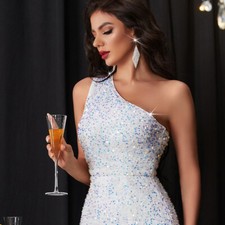 Women One Shoulder Bodycon Sequin Evening Dress High Split Maxi Formal Gown