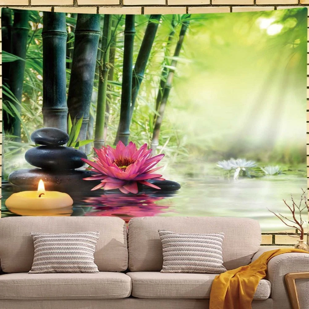 Bamboo Tapestry Water Lotus Wall Hanging Art Zen Fabric Poster SPA Bedroom Decor