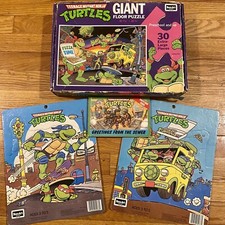 Vtg TMNT Ninja Turtles Lot 30pc Floor Puzzle, 2 RoseArt Puzzles, Post Cards 1989