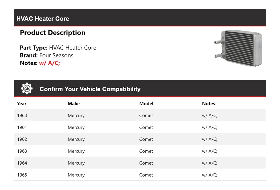 Núcleo de calefacción de climatización Mercury Comet 1960-1965 4 estaciones 1961 1962 1963 1964 Foto 2 de 4