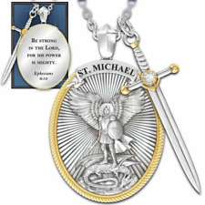 Catholic Patron The Archangel St Michael Pendant Necklace CZ Sword Lord Pray New