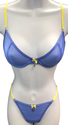 LOUNGE  Underwear Radiant  Mesh  Balcony Blue Bra and Thong Set 30D and XSmall