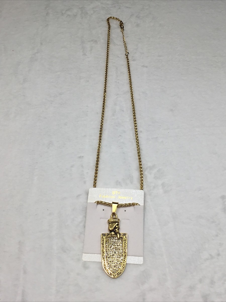 U7 High Quality Large Gold Shield Pendant w/ Rhinestones on 22” Necklace New