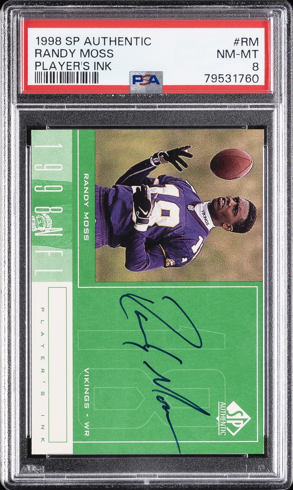 1998 SP AUTHENTIC PLAYER'S INK #RM RANDY MOSS ROOKIE RC PSA 8 AUTO