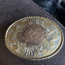 Pink Flower Gold Engraved Swirl Oval Western Belt Buckle W Brand USA Great VTG