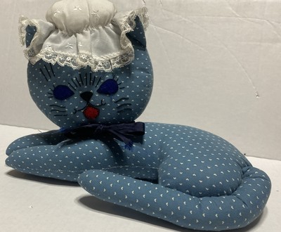 Vintage Cat Country Decor Hand Made Fabric Lace Pillow Plush Folk Art Grannycore