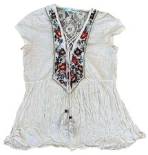 Maurice’s XS White Embroidered Floral Lace Lattice Drawstring Boho Hippie Top