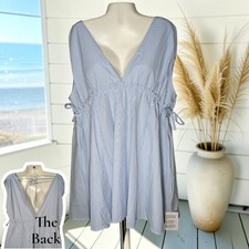 ASOS Mini Dress 14 Blue White Striped Low Cut Open Back Side Tie Sleeveless NWT