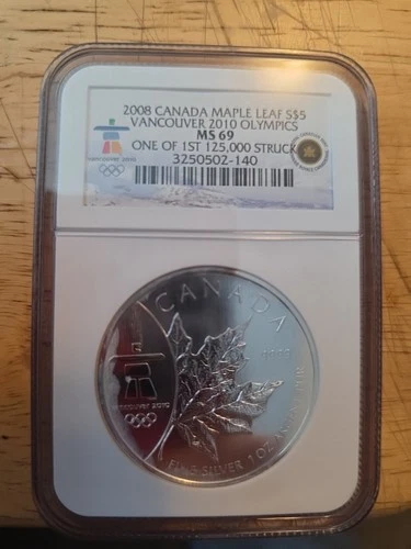 2008 Canada S$5 Maple Leaf Vancouver 2010 Olympics NGC MS68 1 of 1ST 125K STRUCK