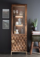 Vitrine Schrank 63x198cm Massivholz Mango & Metall goldfarbig NEU OVP!!!