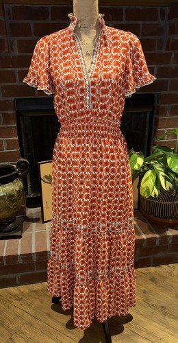 Max Studio Dress Smocked Flutter Sleeve Maxi Red Poppies Floral Size Small
